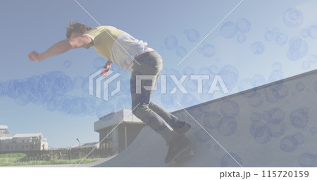 Image of bubbles over caucasian man skateboarding 115720159