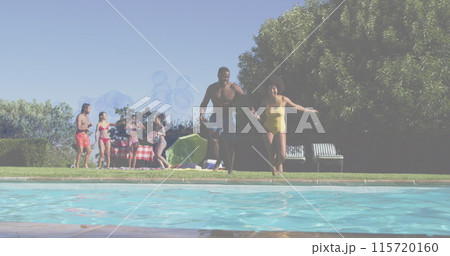 Image of bubbles over smiling african american friends at pool party 115720160