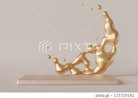 Luxurious podium with fluid golden splash. Ideal for highlighting premium goods in a graceful and sophisticated manner. Empty scene. Stage, display, showcase. Molten gold. 3D render. 115720162