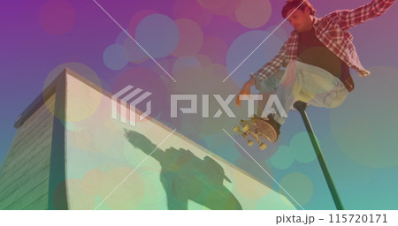 Image of colourful spots over caucasian man skateboarding 115720171
