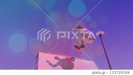 Image of colourful spots over caucasian man skateboarding 115720184