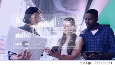 Image of data processing over diverse business people using laptop 115720224
