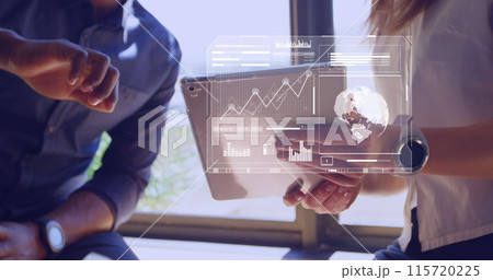 Image of data processing over diverse business people using tablet 115720225