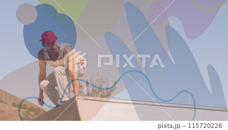 Image of colourful shapes over caucasian man skateboarding 115720226