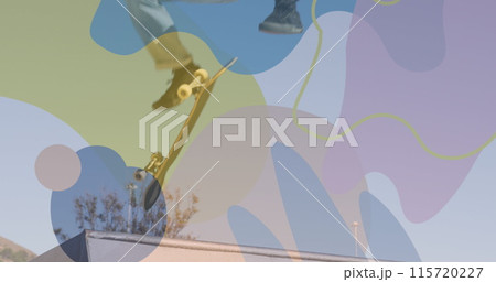 Image of colourful shapes over caucasian man skateboarding 115720227