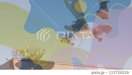 Image of colourful shapes over caucasian man skateboarding 115720229