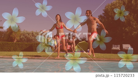 Image of flower icons over smiling caucasian friends at pool party Image of flower icons over smiling caucasian friends at pool party 115720233