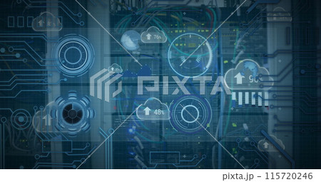 Image of scope scanning clouds, and data processing over cables in computer server Image of scope scanning clouds, and data processing over cables in computer server 115720246