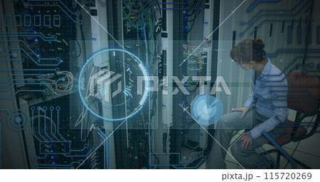 Image of scope scanning and data processing over caucasian it woman computer server 115720269