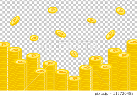 コイン・ポイントの背景素材のイラスト　テンプレート　お金　ポイント還元　フレーム　バナー　山積み 115720488