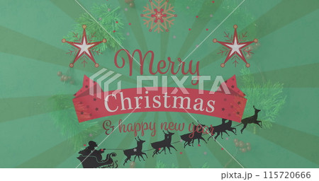 Merry christmas and happy new year sign with santa claus sleigh over green background 115720666