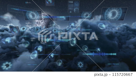 Image of data processing with scope scanning over sky with moon and clouds 115720667