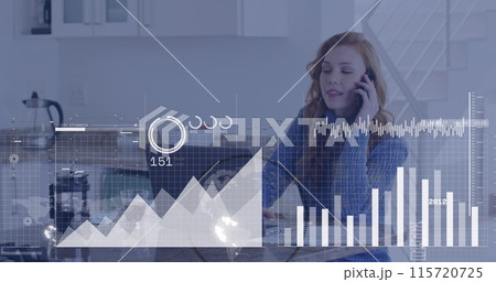 Image of financial data processing over caucasian businesswoman using smartphone Image of financial data processing over caucasian businesswoman using smartphone 115720725