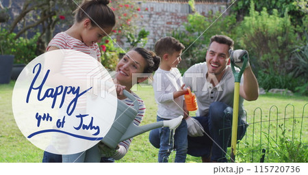 Image of 4th of july text over caucasian couple with son and daughter gardening Image of 4th of july text over caucasian couple with son and daughter gardening 115720736