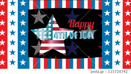 Image of 4th of july text over red, white and blue stars and stripes background 115720742