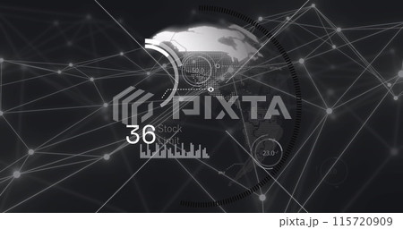 Image of network of connections and globe over black background 115720909