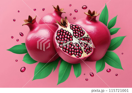 Juicy ripe flying pomegranate and pomegranate pieces on pastel pink background. 115721001