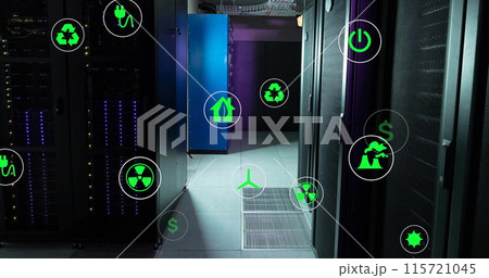 Image of eco icons and data processing over computer servers 115721045