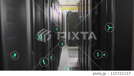 Image of eco icons and data processing over computer servers 115721137
