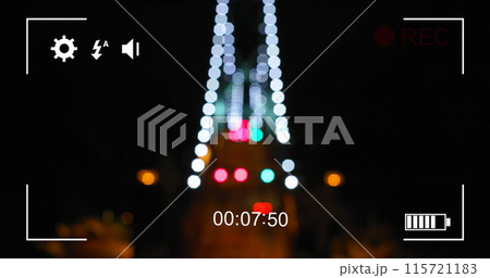 Blurred night cityscape on a camera screen in 4k record mode with icons and timer. Blurred night cityscape on a camera screen in 4k record mode with icons and timer. 115721183