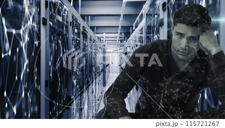 Digital composite of man with math and molecules in server room symbolizes global network. Digital composite of man with math and molecules in server room symbolizes global network. 115721267