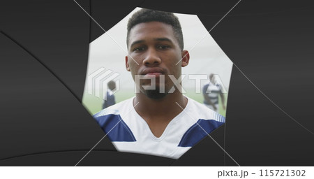 Image of black shapes over male rugby players at stadium Image of black shapes over male rugby players at stadium 115721302