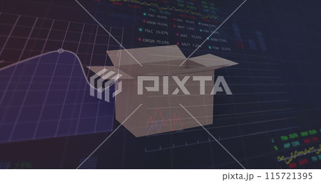 Image of financial data processing over cardboard box opening and closing Image of financial data processing over cardboard box opening and closing 115721395