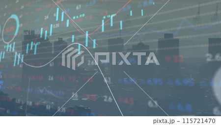 Image of financial graphs and data over cityscape 115721470