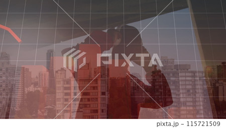 Image of financial graphs and data over cityscape and hiker Image of financial graphs and data over cityscape and hiker 115721509
