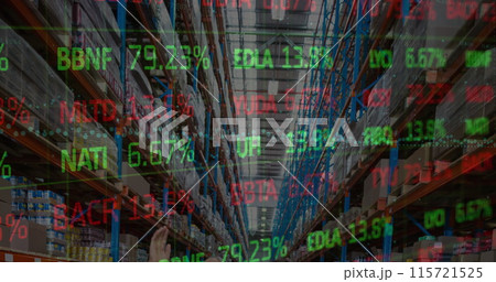 Image of stock market and financial data processing over empty warehouse 115721525
