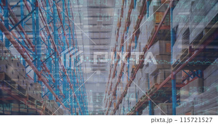 Image of financial data processing over empty warehouse 115721527