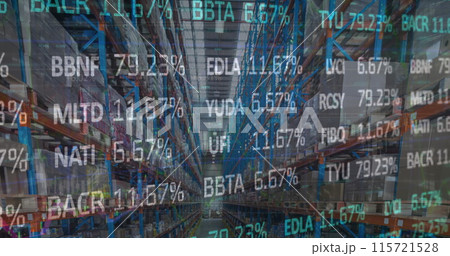 Image of stock market and financial data processing over empty warehouse 115721528
