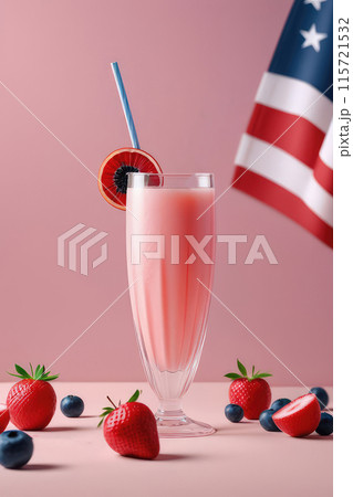Happy Independence Day, summer fruit drink and USA flag on a pink background. 115721532