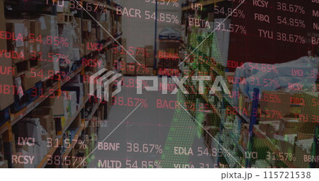 Image of stock market and financial data processing over empty warehouse 115721538