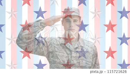 Image of stars coloured in american flag and soldier saluting over stripes background Image of stars coloured in american flag and soldier saluting over stripes background 115721626