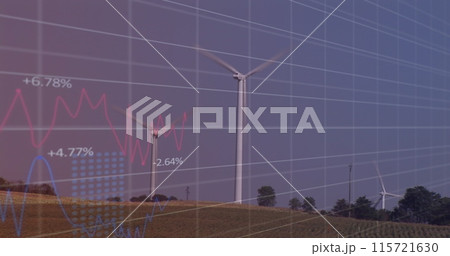 Image of financial data processing over wind turbine 115721630