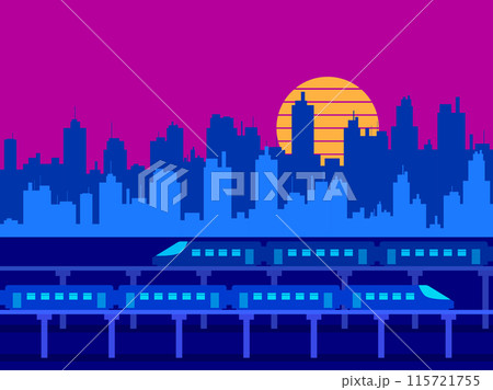 Modern cityscape with trains and skyscrapers. View of the city at sunset with the sun in retro 80s style. Cityscape in the style of cyberpunk, synthwave and retrowave. Vector illustration 115721755