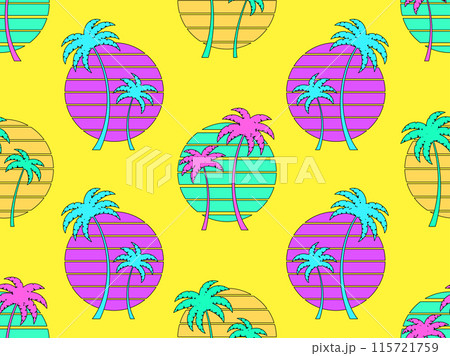 Seamless pattern with palm trees at sunset in retro 80s style. Silhouettes of palm trees and the sun with a black outline in the style of synthwave and retrowave. Tropical palms. Vector illustration 115721759