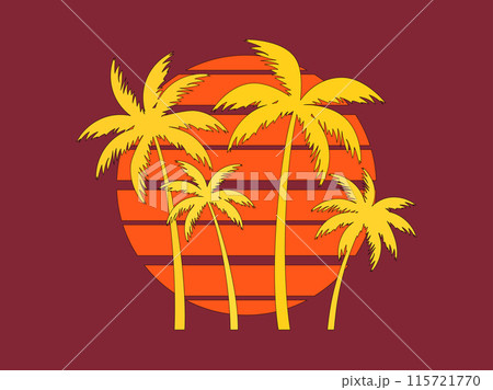 Palm trees at sunset in retro 80s style. Silhouettes of palm trees and the sun with a black outline in the style of retro-futurism, synthwave and retrowave. Tropical palm trees. Vector illustration Palm trees at sunset in retro 80s style. Silhouettes of palm trees and the sun with a black outline in the style of retro-futurism, synthwave and retrowave. Tropical palm trees. Vector illustration 115721770