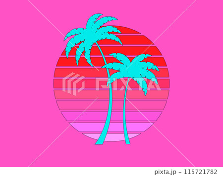 Palm trees at sunset in retro 80s style. Silhouettes of palm trees and the sun with a black outline in the style of retro-futurism, synthwave and retrowave. Tropical palm trees. Vector illustration 115721782