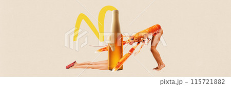 Banner. Contemporary art collage. Woman resting with body made of battle of beer with her friend with body made of lobster. 115721882