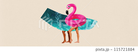 Banner. Contemporary art collage. Pink flamingo pool float and ocean waves with human legs posing against beige background 115721884