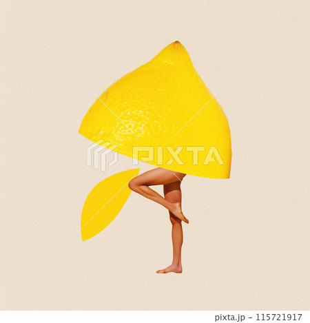 Contemporary art collage. Person with refreshing lemon instead of body posing against beige background with abstract shapes. 115721917