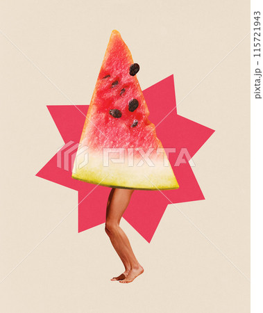 Contemporary art collage. Person with sweet watermelon instead of body posing against beige background with abstract shapes. 115721943