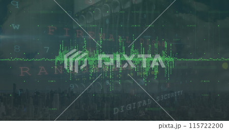 Image of green graph with cybercrime text and data processing over computer servers 115722200