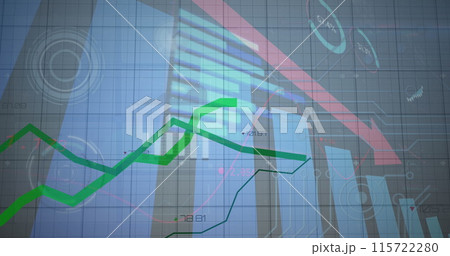 Image of red arrow, graphs and charts processing data on grey background 115722280