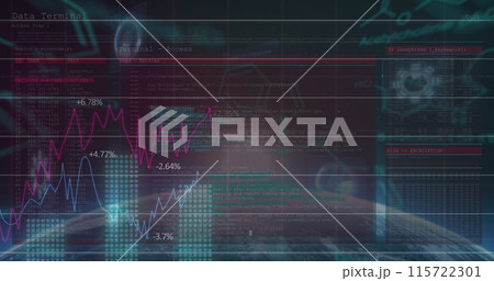 Image of rotating white girl over financial data processing on black interface 115722301