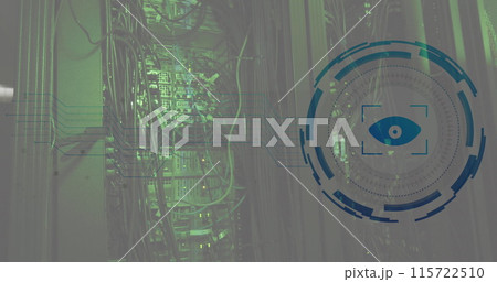 Image of eye retina round scanner against computer server room Image of eye retina round scanner against computer server room 115722510