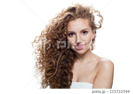 Perfect young woman with natural make-up, clear fresh skin and wavy hairstyle on white background 115722594