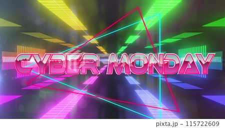 Image of cyber monday text on triangles over futuristic tunnel against black background 115722609